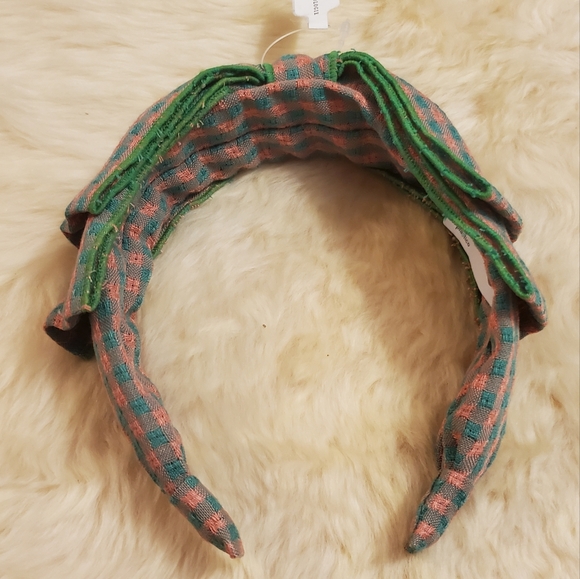 Anthropologie Sienna Bow Gingham Headband-  green/pink - Picture 6 of 7